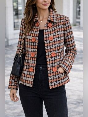 Statement Tweed Jacket Women Orange Black Textured Coat Bold Parisian Medium